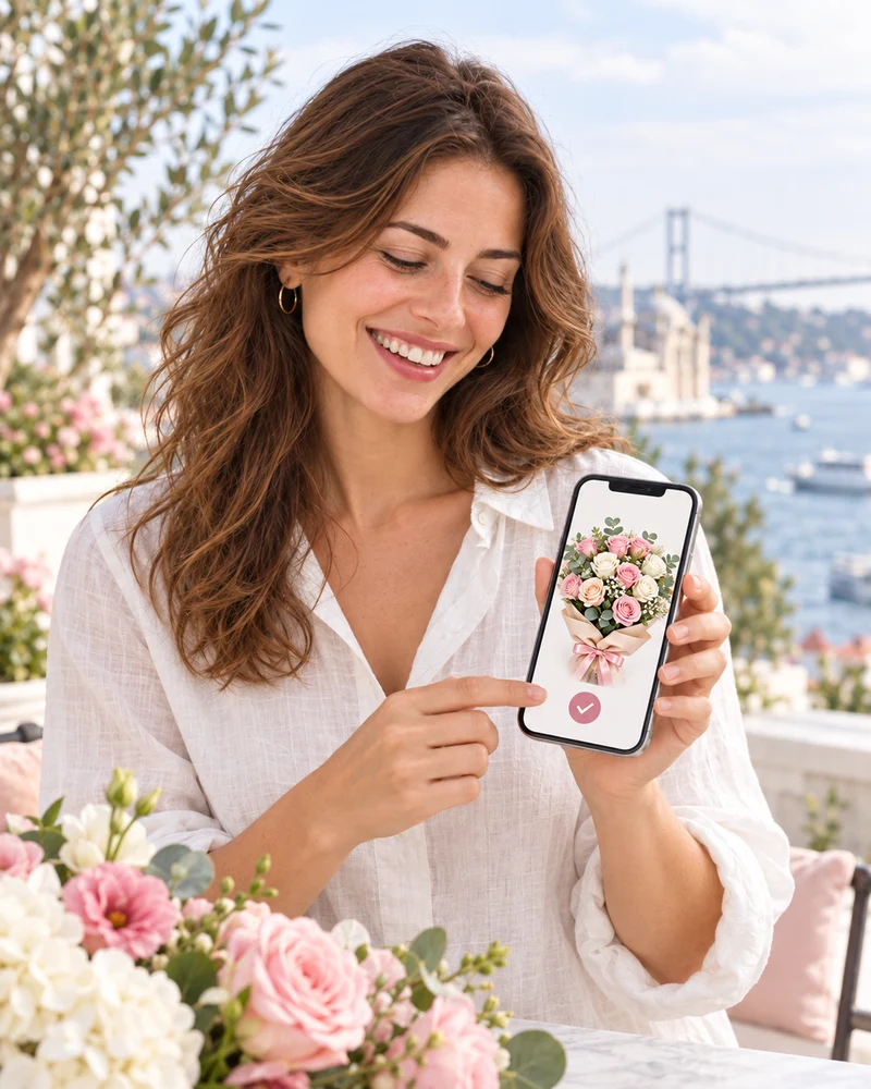 Hazırlanan çiçeğinin fotoğrafını telefonunda inceleyen kadın