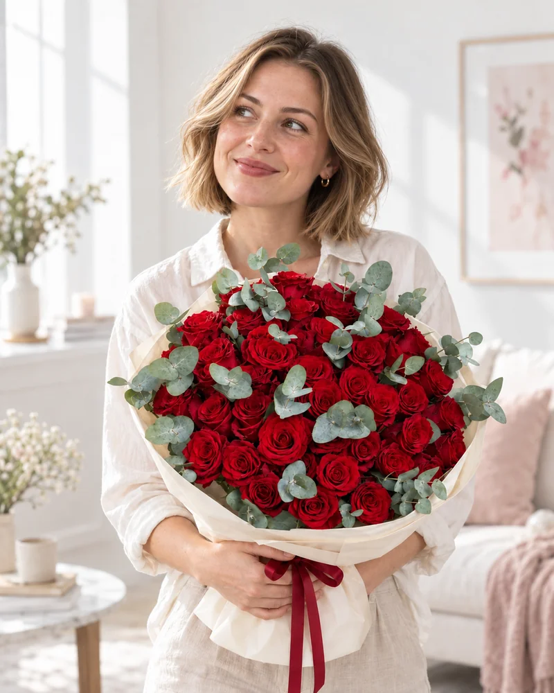 Kadın modelin elinde Kırmızı Gül Şöleni