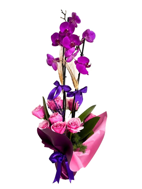 Purple Romance Orkide ve Pembe Gül Tasarımı — Halkalı Sevinç Çiçekçilik