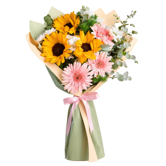 Sunlit Rendezvous Renkli Ayçiçeği ve Gerbera Buketi — Halkalı Sevinç Çiçekçilik