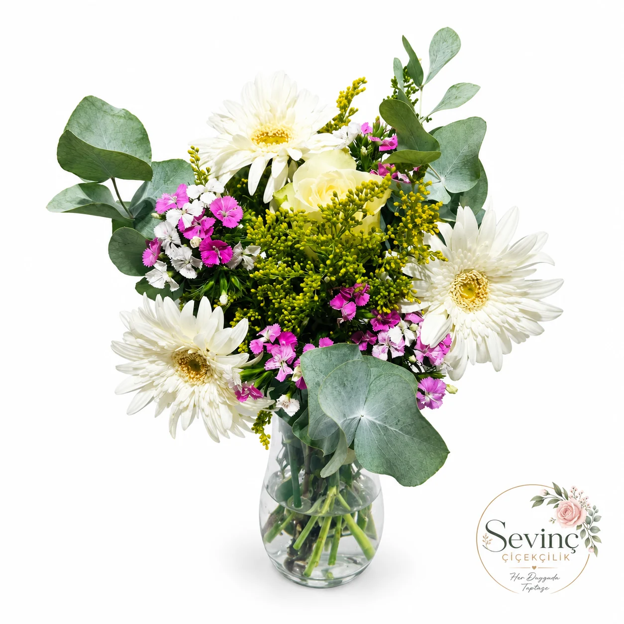 Beyaz Bir Nefes Vazoda Gerbera ve Gül — Halkalı Sevinç Çiçekçilik