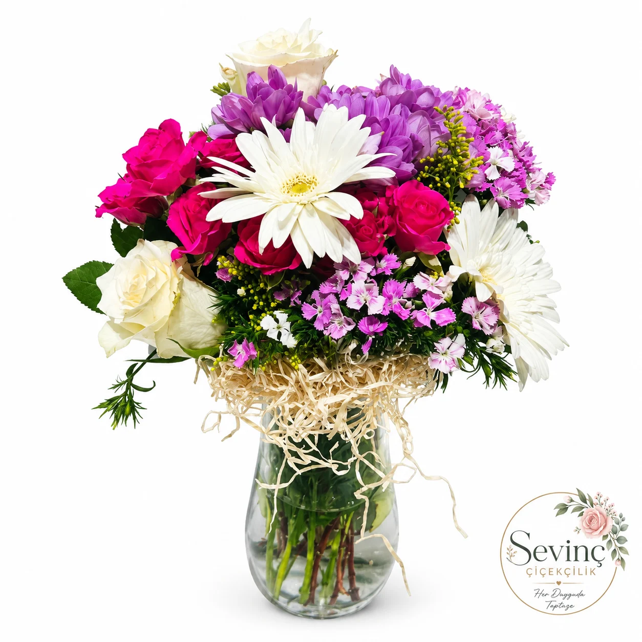 Berry Harmony Vazoda Renkli Gül ve Gerbera — Halkalı Sevinç Çiçekçilik