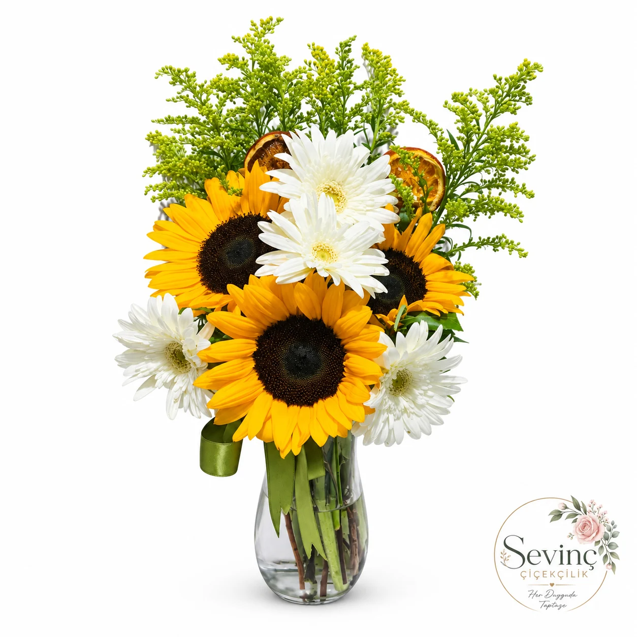 Solara Blanc Vazoda Ayçiçeği ve Beyaz Gerbera — Halkalı Sevinç Çiçekçilik
