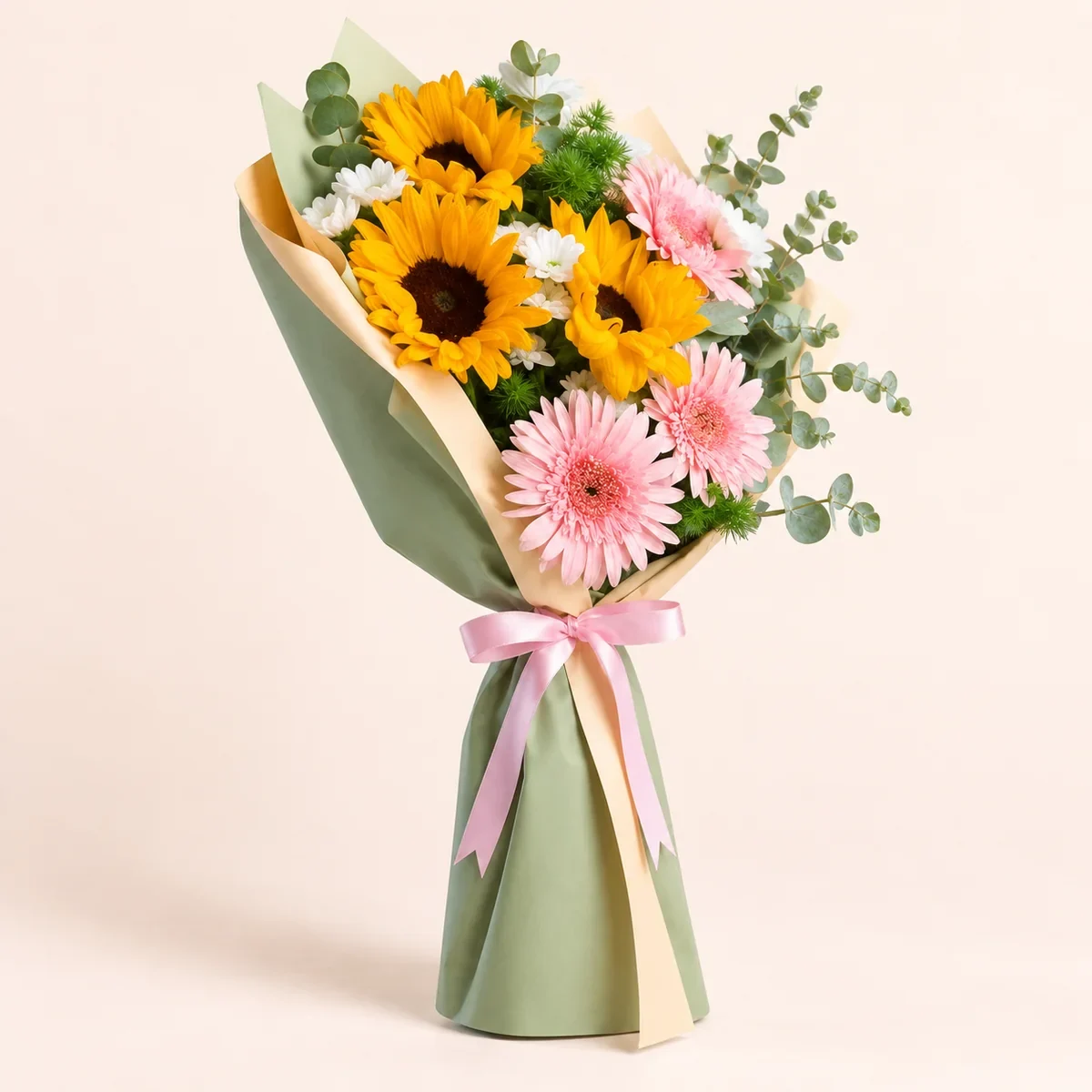 AI temsili Sol çapraz — Güneşle Gelen Bahar – Ayçiçeği ve Gerbera Buketi