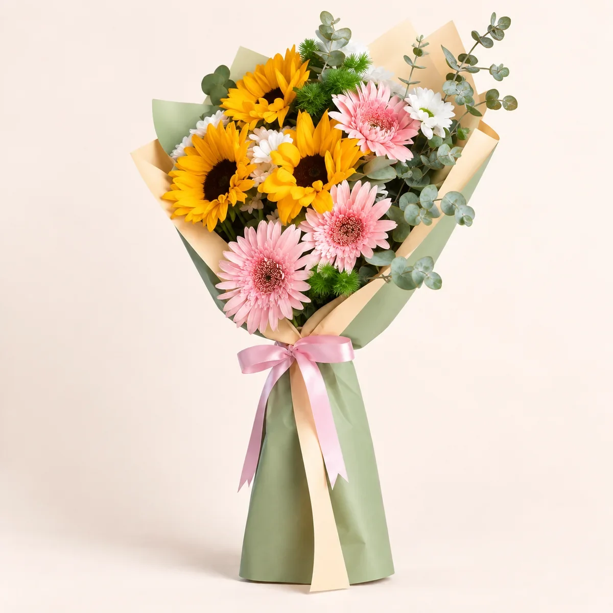 AI temsili Sağ çapraz — Güneşle Gelen Bahar – Ayçiçeği ve Gerbera Buketi